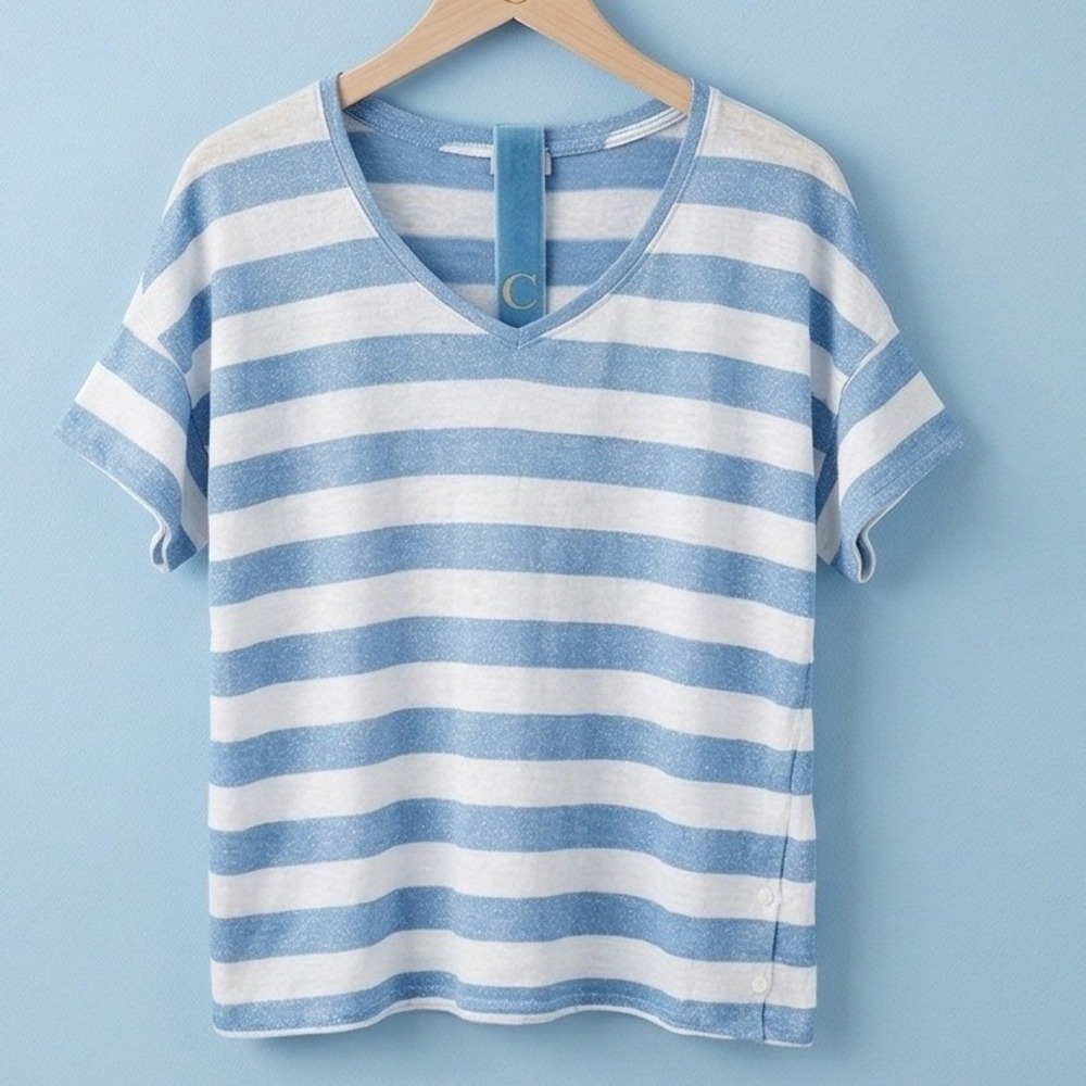 Chico's 2‎ Blue White Striped Metallic Linen VNeck Tee Shirt Large Sparkle Fairy